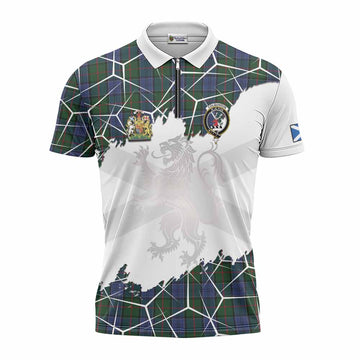 Colquhoun Tartan Zipper Polo Shirt with Family Crest and Lion Rampant Grunge Style