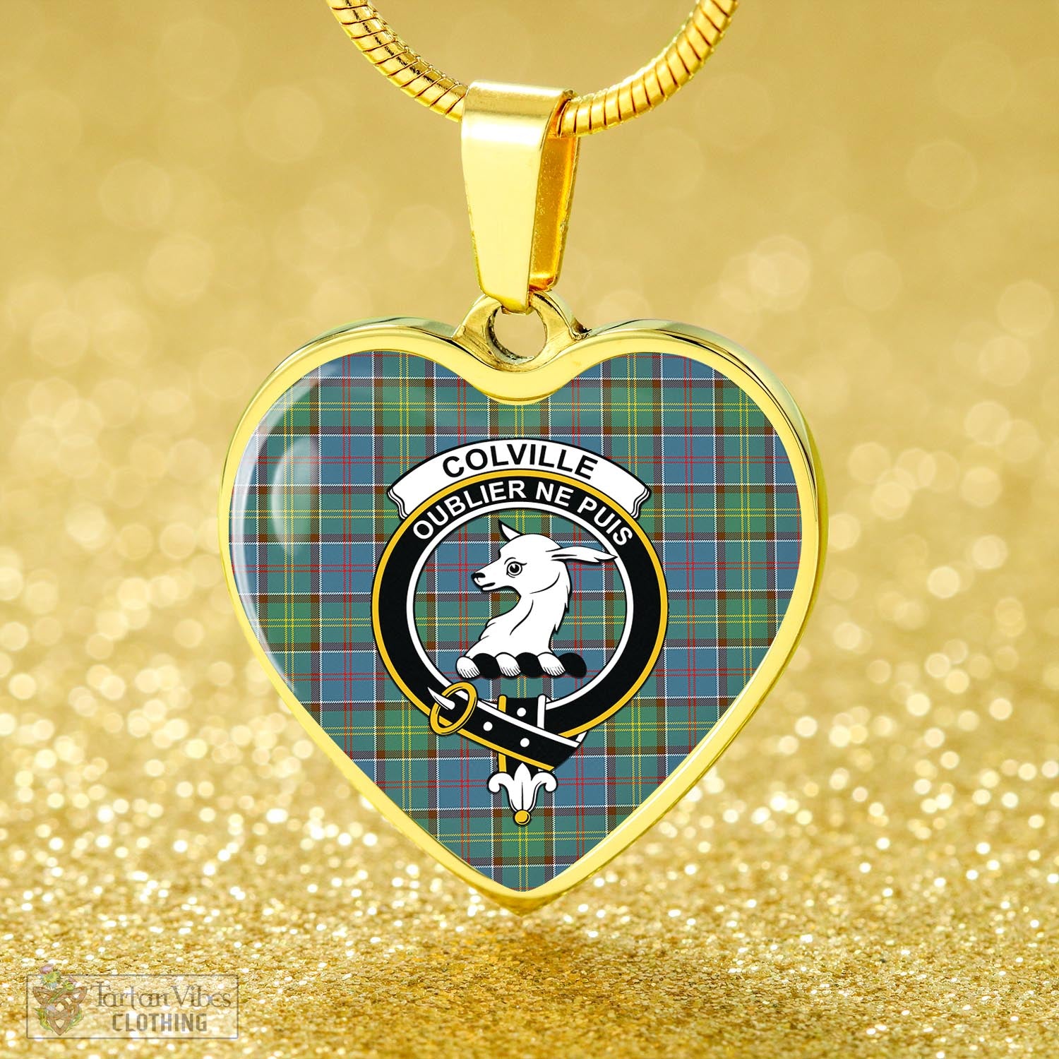 Tartan Vibes Clothing Colville Tartan Heart Necklace with Family Crest