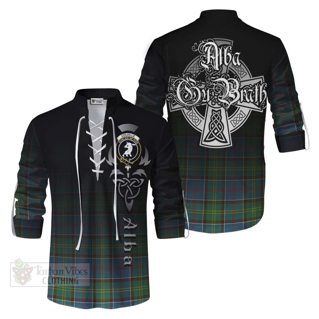 Tartan Vibes Clothing Colville Tartan Ghillie Kilt Shirt Featuring Alba Gu Brath Family Crest Celtic Inspired