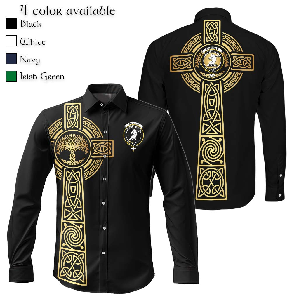 Colville Clan Mens Long Sleeve Button Up Shirt with Golden Celtic Tree Of Life Men's Shirt Black - Tartanvibesclothing