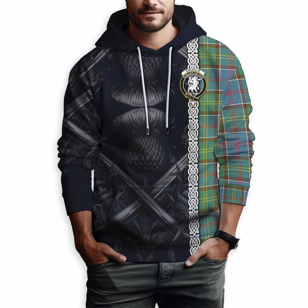 Tartan Vibes Clothing Colville Tartan Hoodie with Family Crest Cross Sword Thistle Celtic Vibes