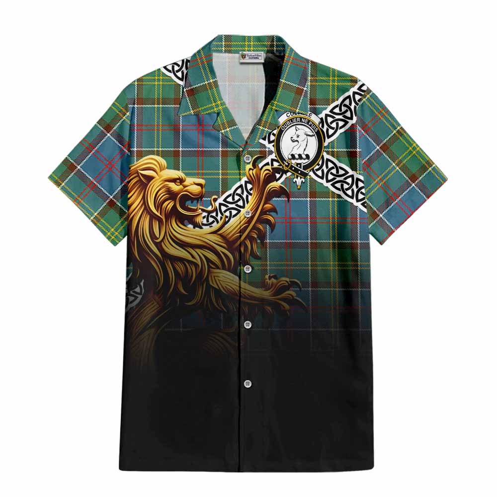 Tartan Vibes Clothing Colville Crest Tartan Short Sleeve Button Shirt with Golden Lion Emblem Celtic Style