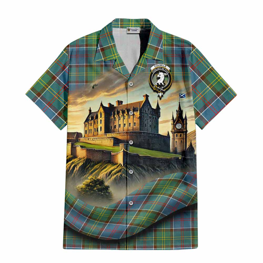 Tartan Vibes Clothing Colville Tartan Family Crest Short Sleeve Button Shirt with Scottish Ancient Castle Style