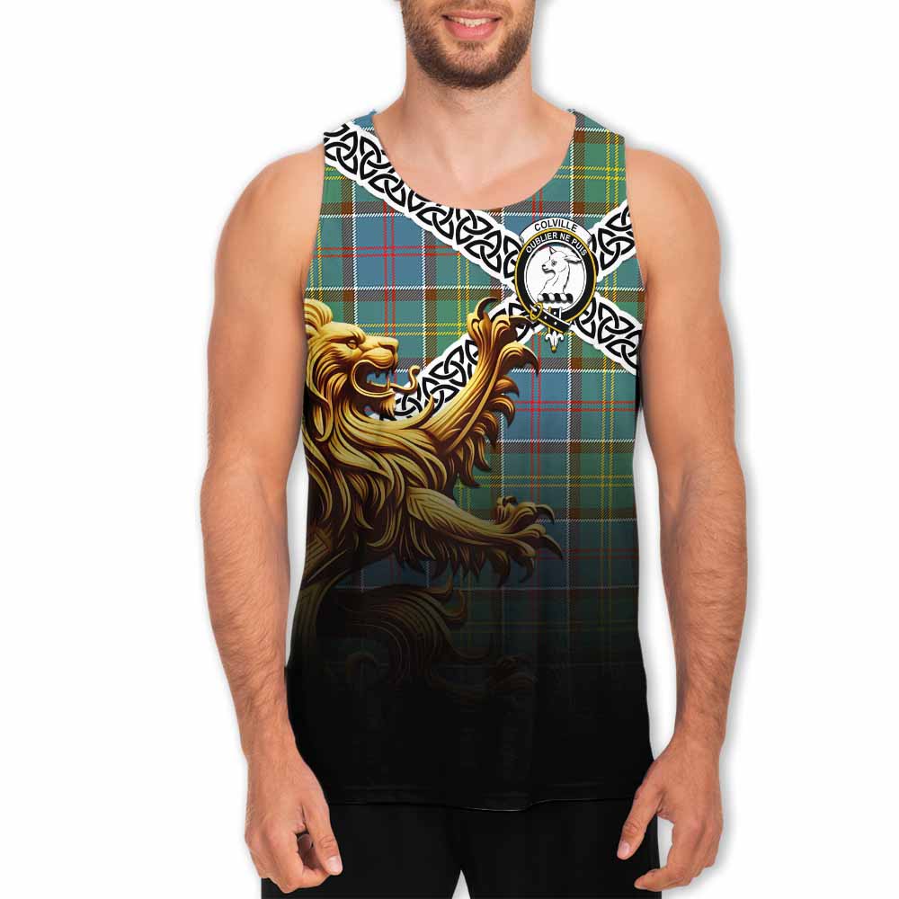Tartan Vibes Clothing Colville Crest Tartan Men's Tank Top with Golden Lion Emblem Celtic Style