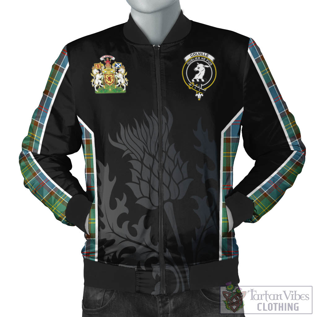 Tartan Vibes Clothing Colville Tartan Bomber Jacket with Family Crest and Scottish Thistle Vibes Sport Style