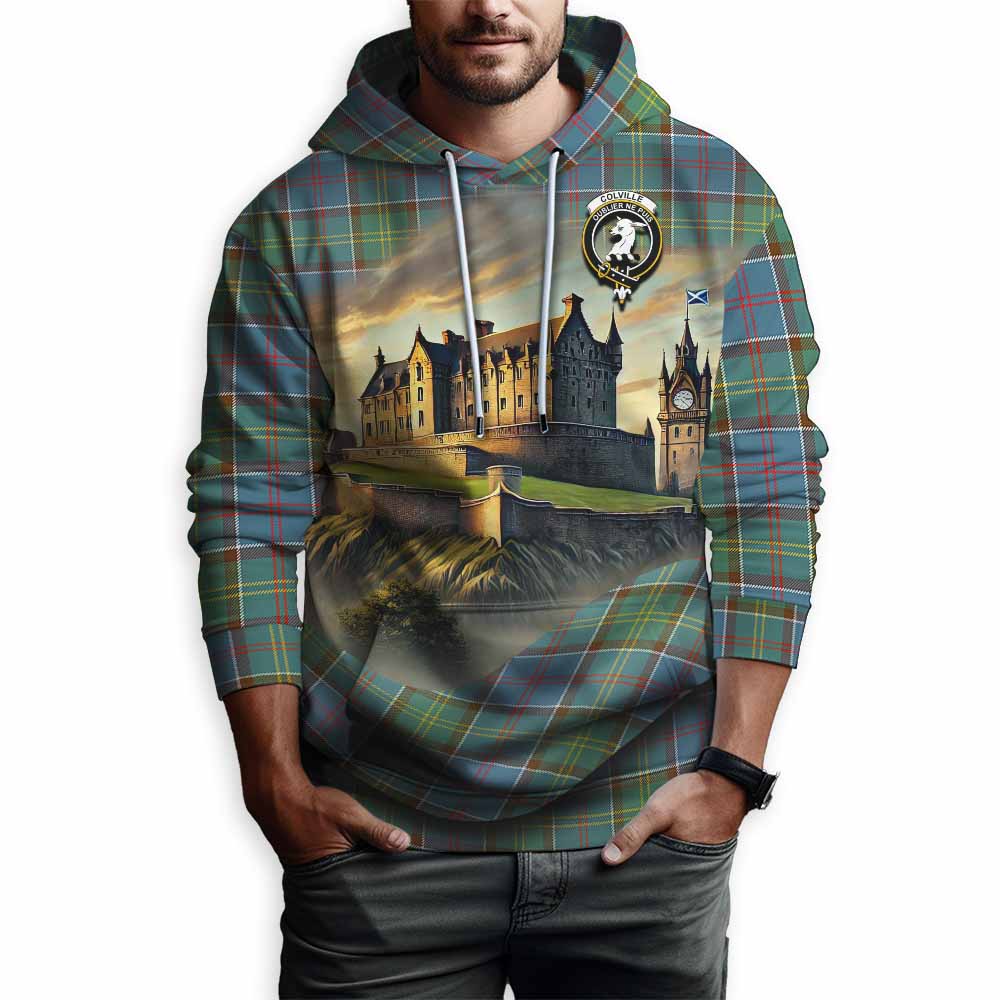 Tartan Vibes Clothing Colville Tartan Family Crest Hoodie with Scottish Ancient Castle Style