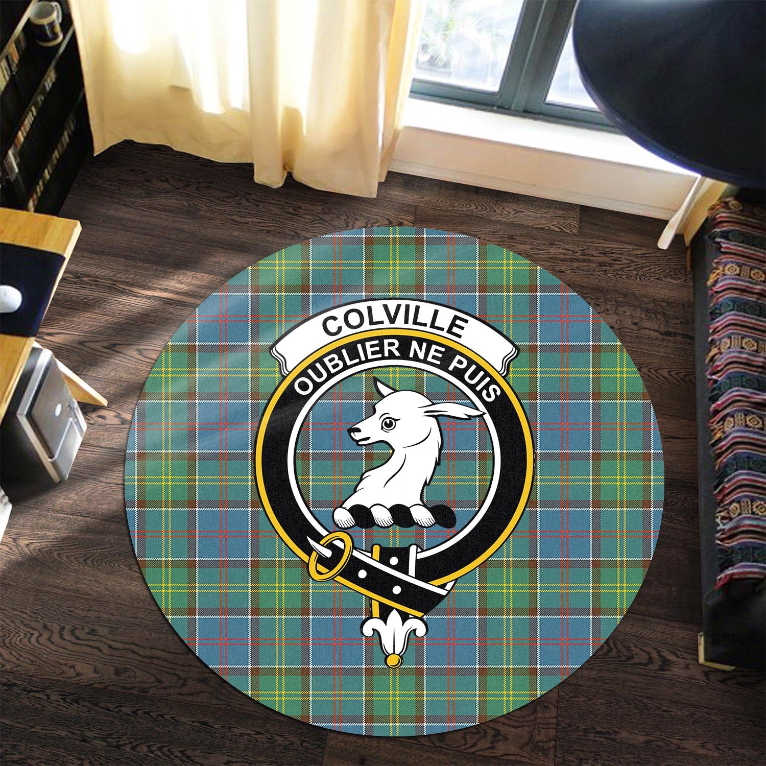 Colville Tartan Round Rug with Family Crest