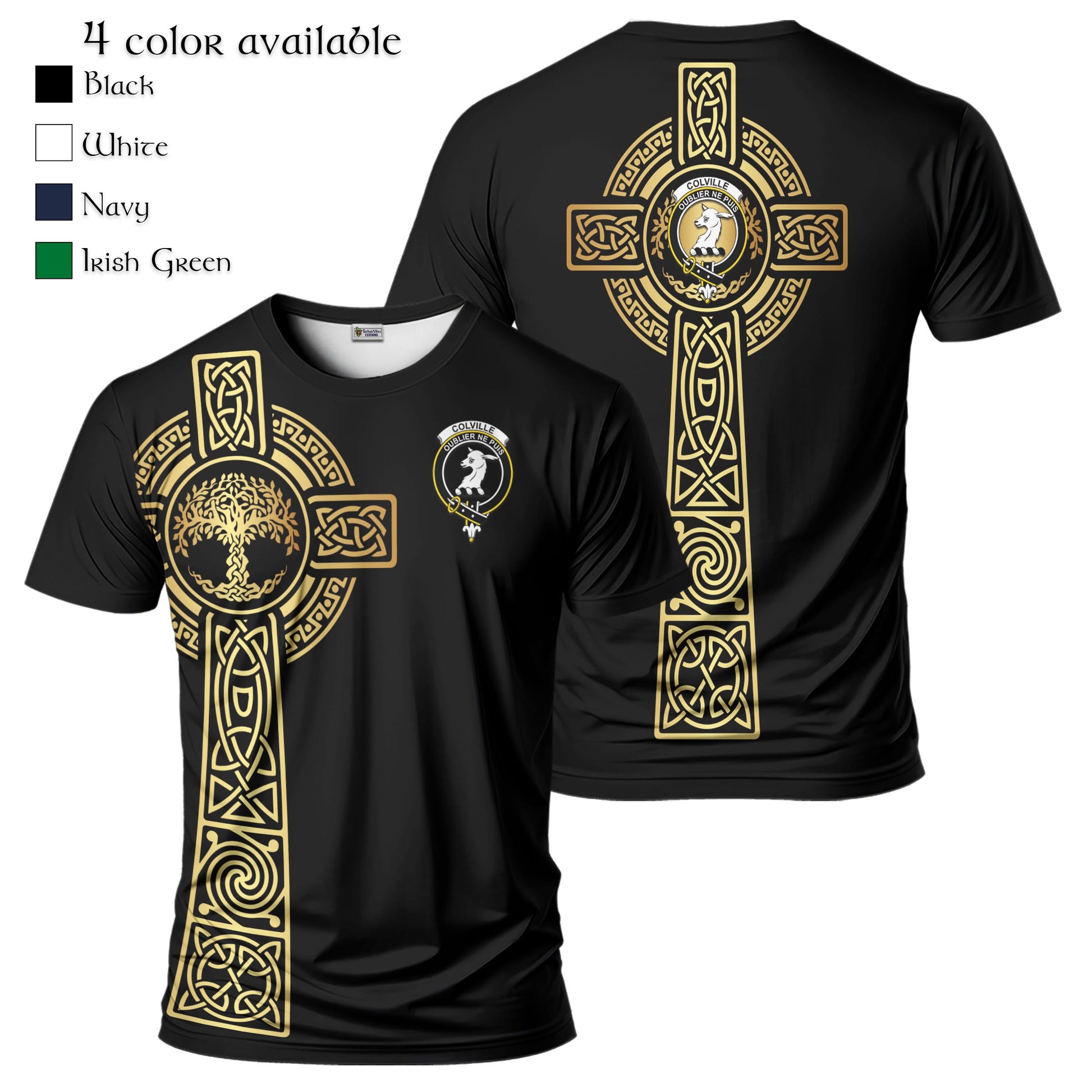 Colville Clan Mens T-Shirt with Golden Celtic Tree Of Life Black - Tartanvibesclothing