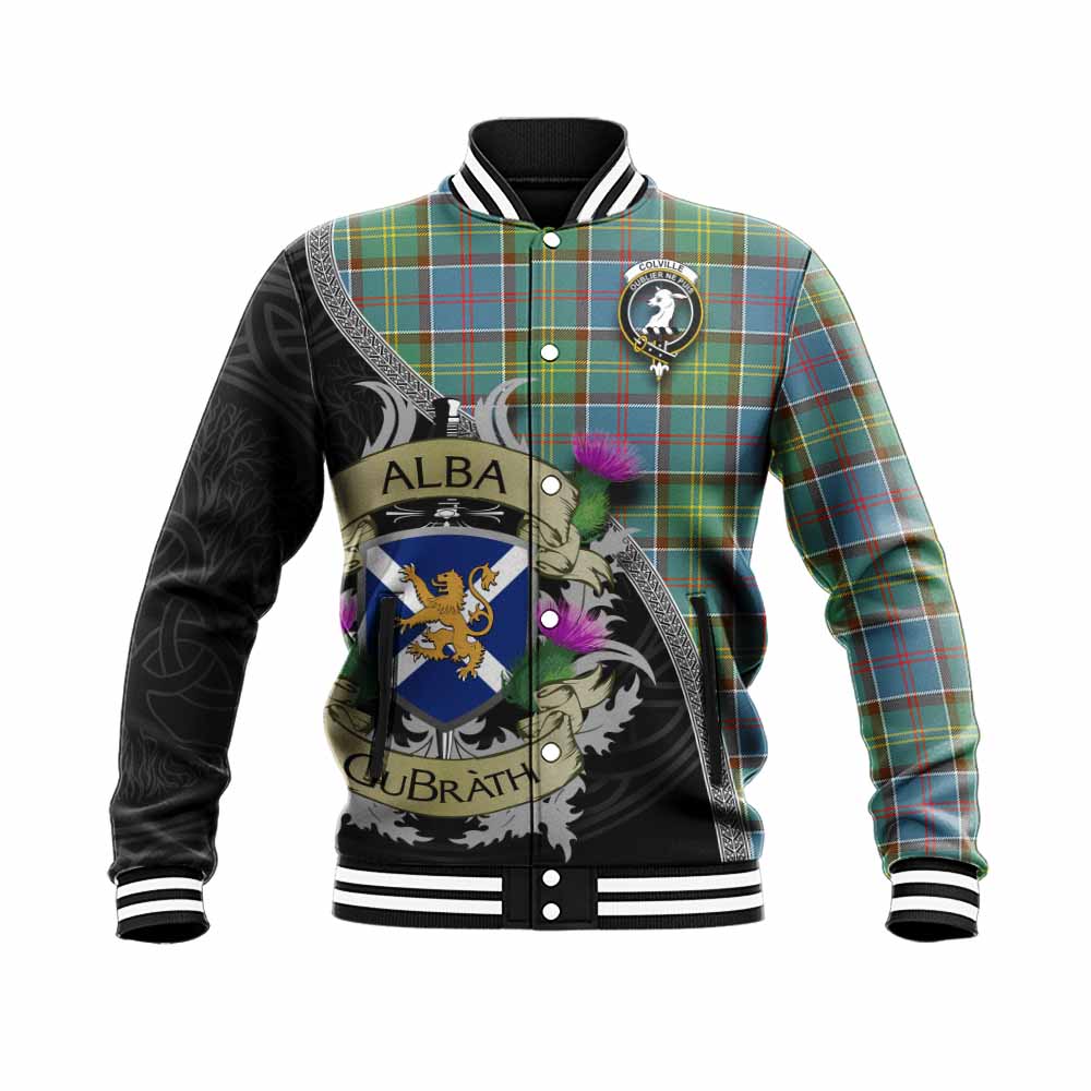 Tartan Vibes Clothing Colville Tartan Family Crest Baseball Jacket Lion Rampant Royal Thistle Shield Celtic Inspired