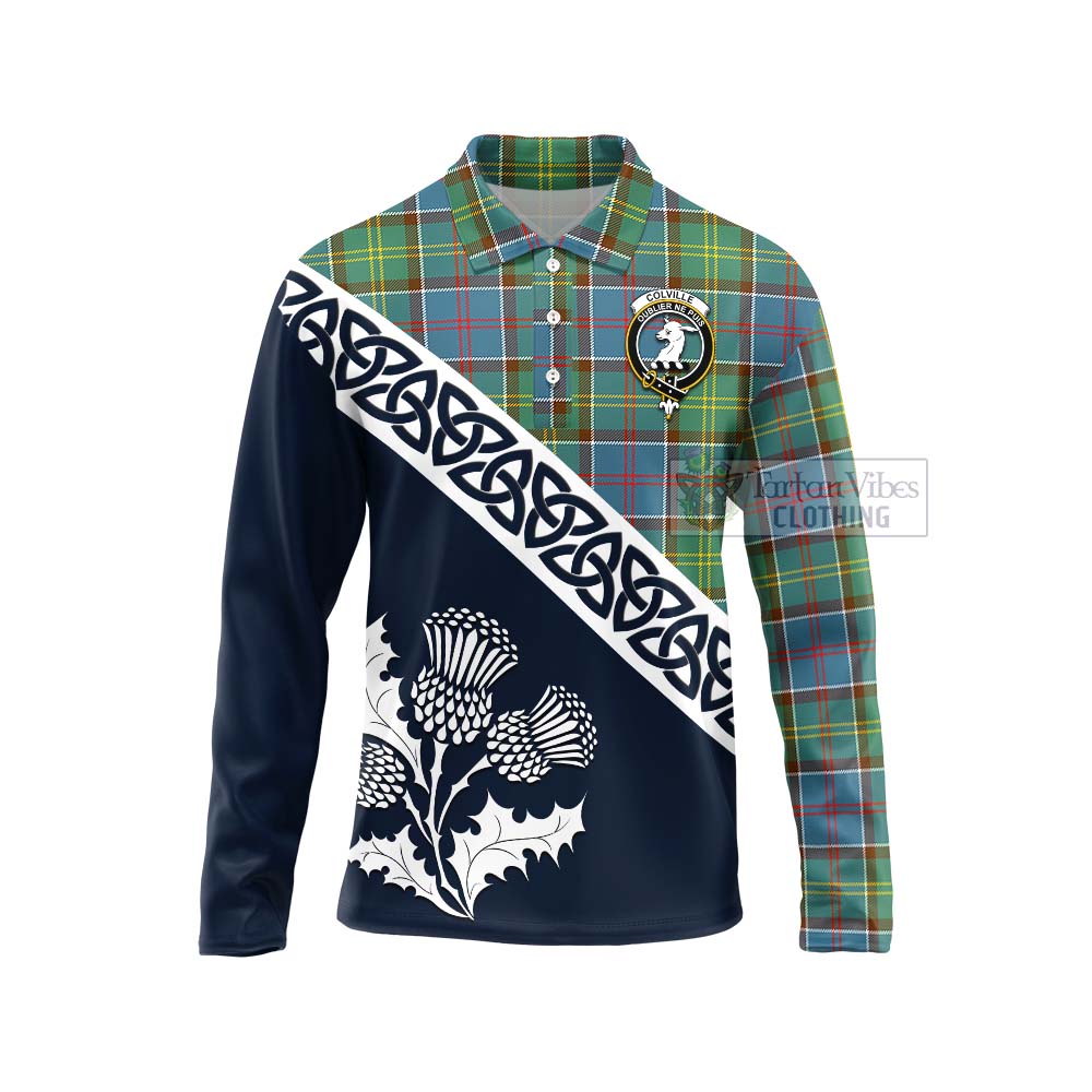 Colville Tartan Long Sleeve Polo Shirt Featuring Thistle and Scotland Map Unisex - Tartan Vibes Clothing