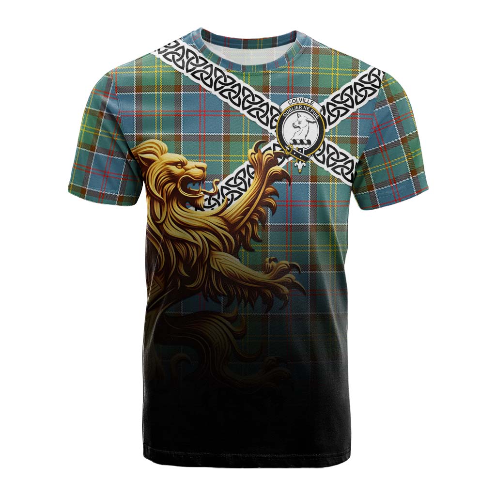 Tartan Vibes Clothing Colville Crest Tartan Cotton T-shirt with Golden Lion Emblem Celtic Style