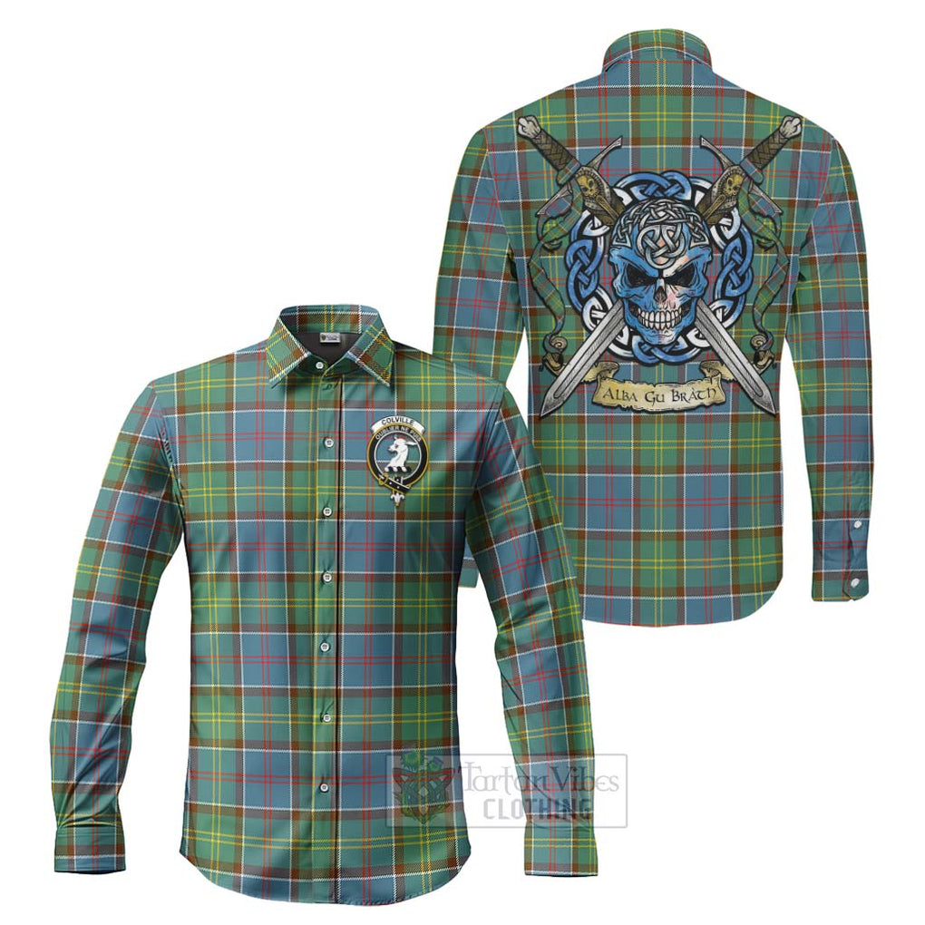 Tartan Vibes Clothing Colville Tartan Long Sleeve Button Shirt with Family Crest Celtic Skull Style