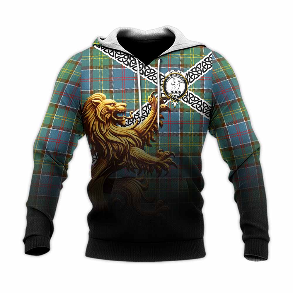 Tartan Vibes Clothing Colville Crest Tartan Knitted Hoodie with Golden Lion Emblem Celtic Style