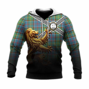 Colville Crest Tartan Knitted Hoodie with Golden Lion Emblem Celtic Style