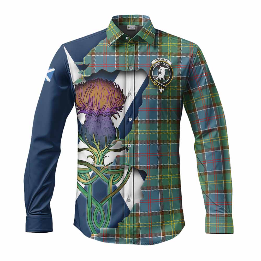 Tartan Vibes Clothing Colville Tartan Family Crest Long Sleeve Button Shirt Scottish Thistle Celtic Inspired