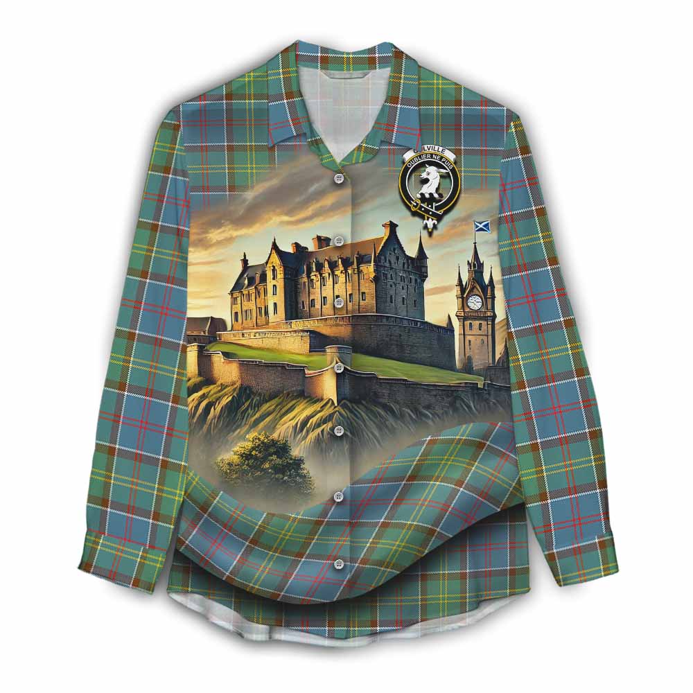 Tartan Vibes Clothing Colville Tartan Family Crest Women's Casual Shirt with Scottish Ancient Castle Style