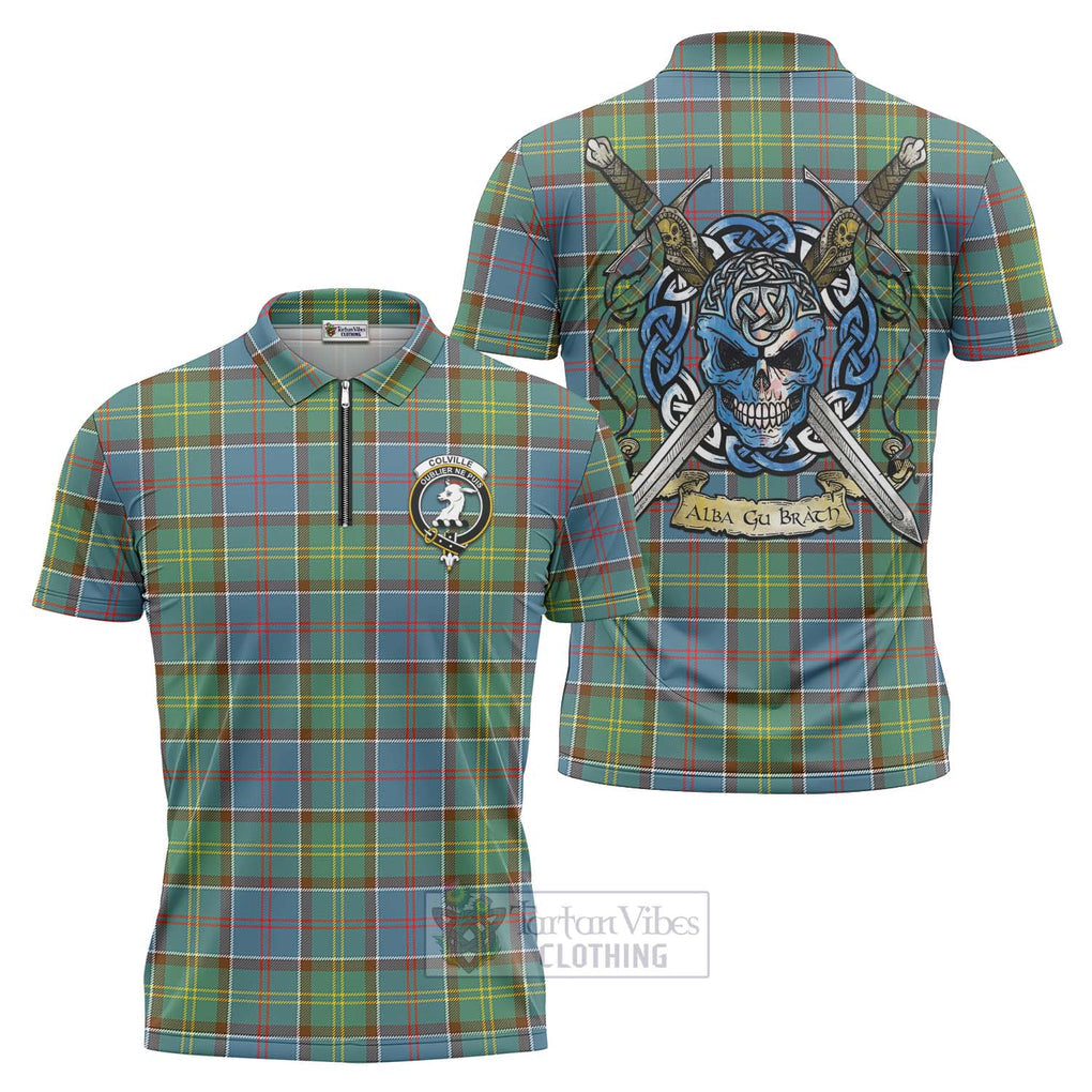 Tartan Vibes Clothing Colville Tartan Zipper Polo Shirt with Family Crest Celtic Skull Style