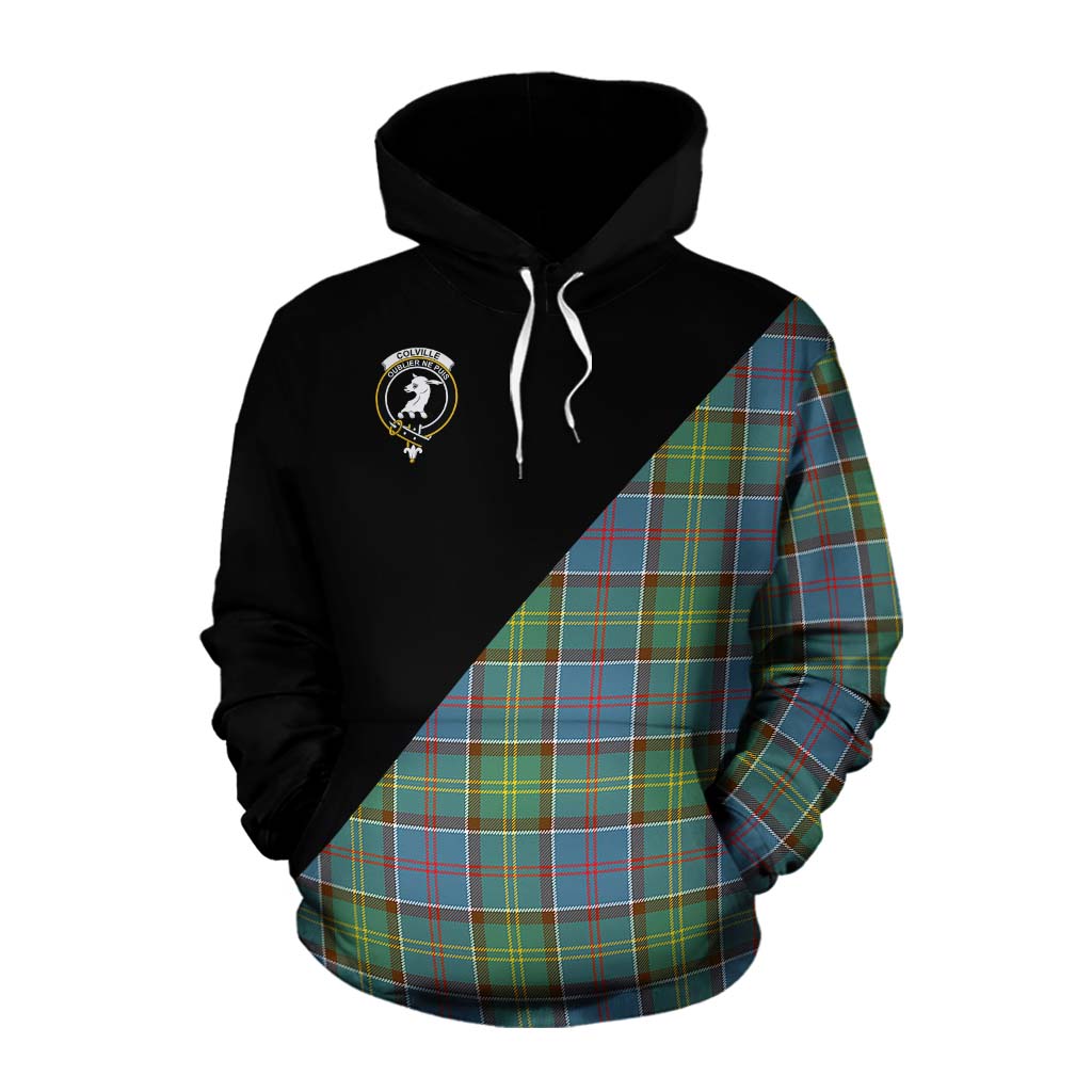 Tartan Vibes Clothing Colville Tartan Cotton Hoodie with Family Crest and Military Logo Style