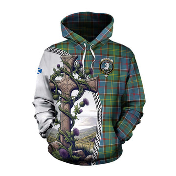 Tartan Vibes Clothing Colville Tartan Cotton Hoodie with Family Crest and St. Andrew's Cross Accented by Thistle Vines