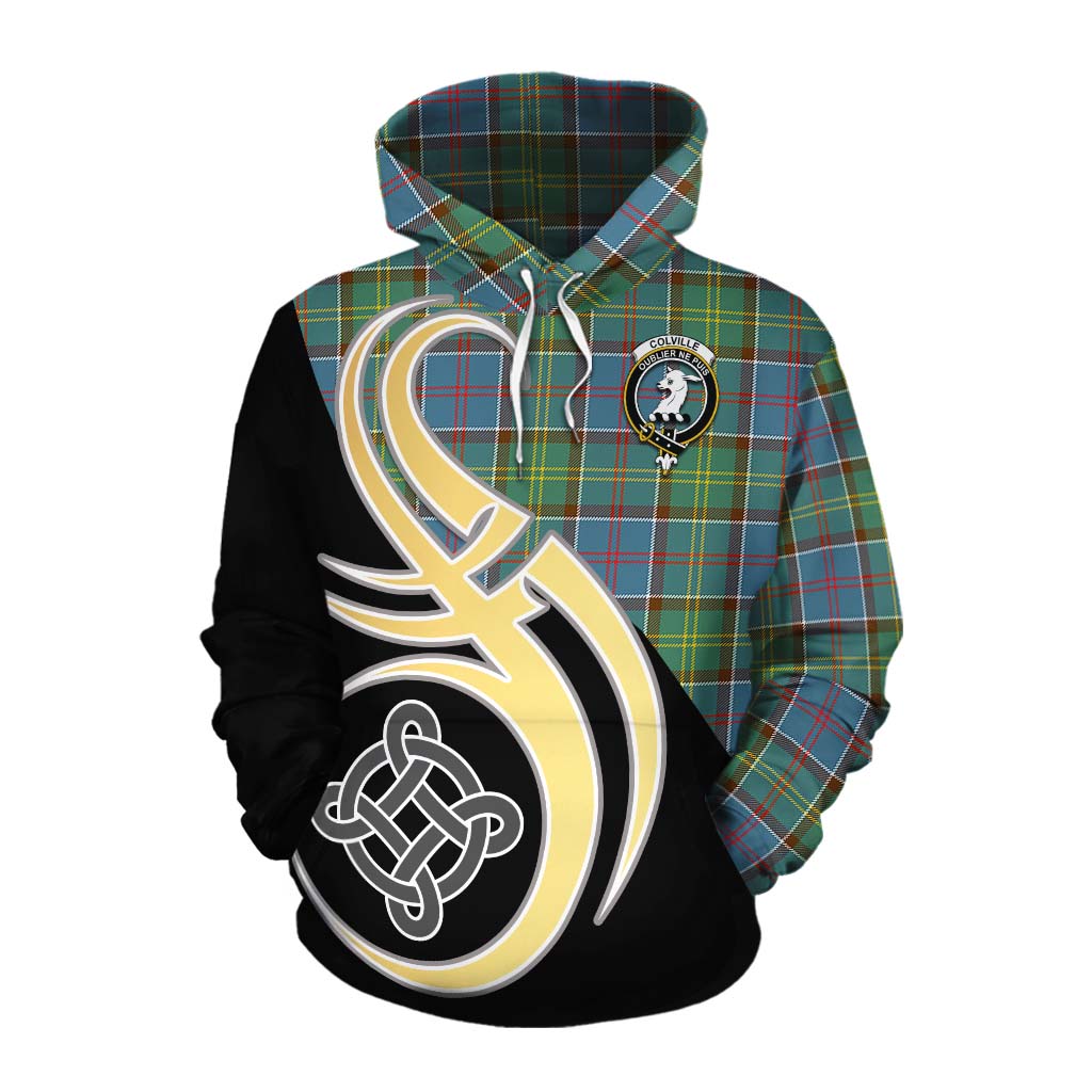 Tartan Vibes Clothing Colville Tartan Cotton Hoodie with Family Crest and Celtic Symbol Style