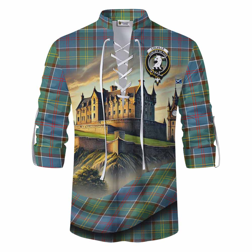 Tartan Vibes Clothing Colville Tartan Family Crest Ghillie Kilt Shirt with Scottish Ancient Castle Style