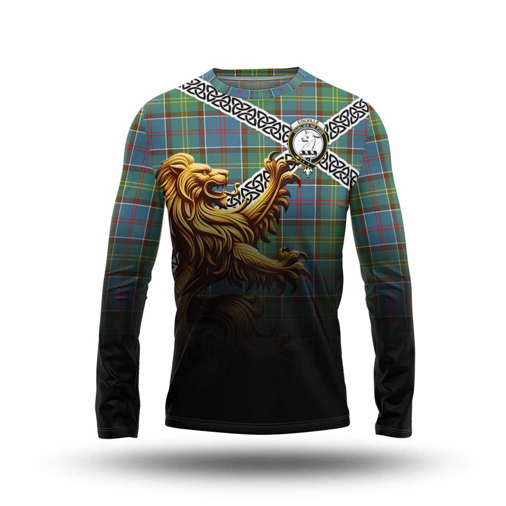 Tartan Vibes Clothing Colville Crest Tartan Long Sleeve T-Shirt with Golden Lion Emblem Celtic Style