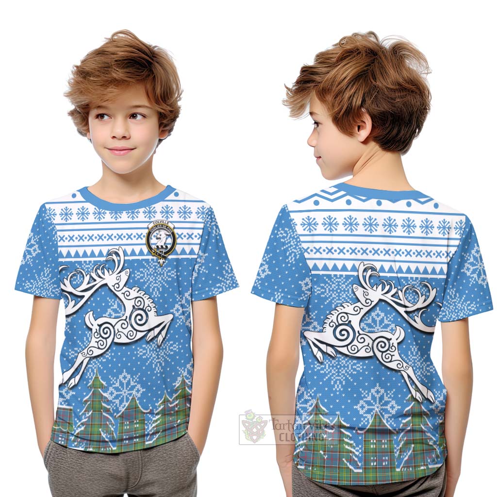 Tartan Vibes Clothing Colville Clan Christmas Kid T-Shirt Celtic Reindeer Style