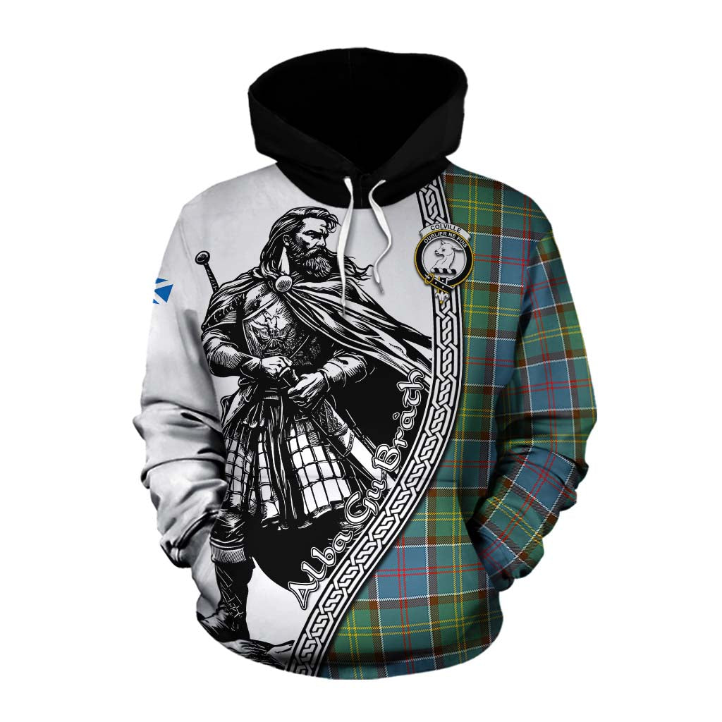 Tartan Vibes Clothing Colville Tartan Clan Crest Cotton Hoodie with Highlander Warrior Celtic Style