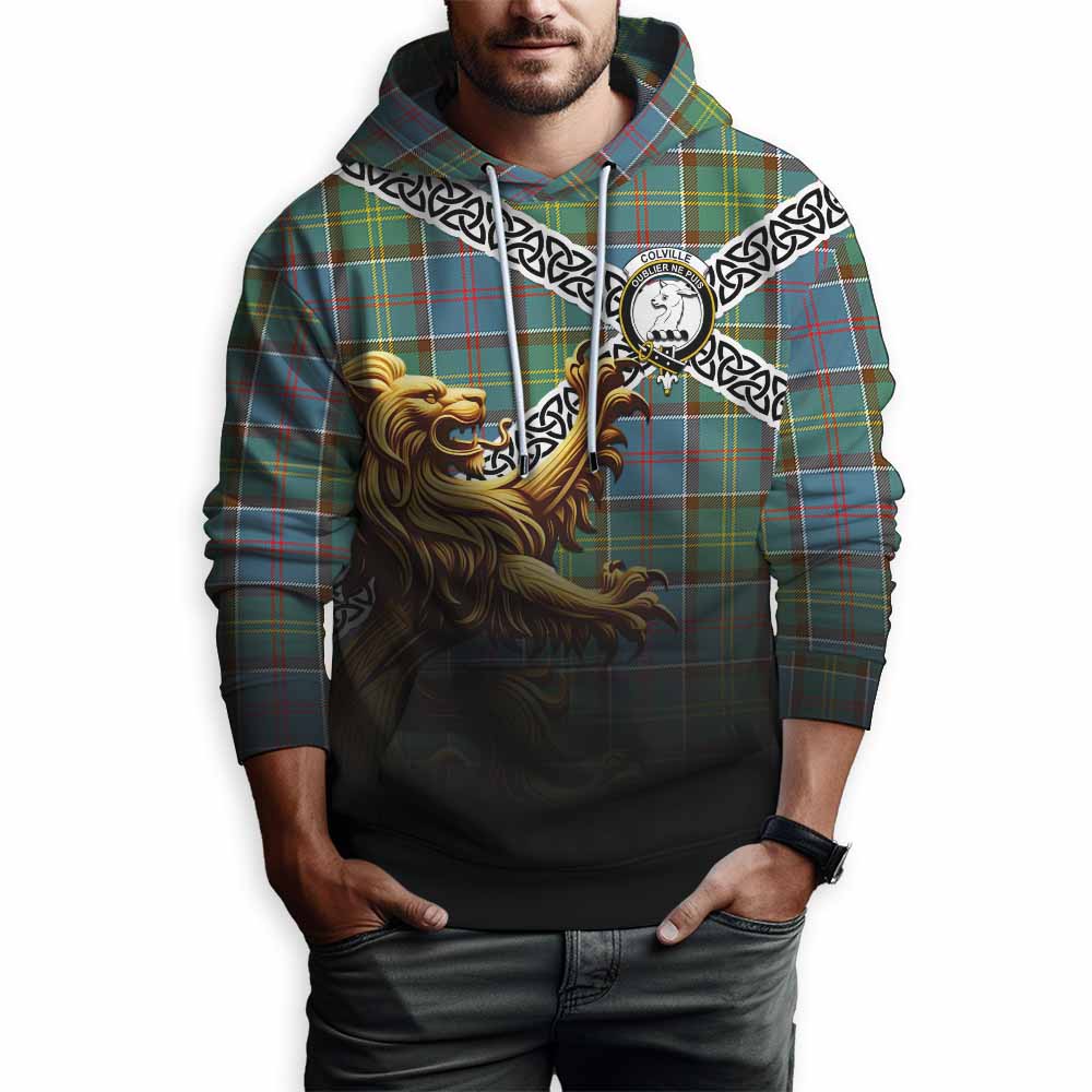 Tartan Vibes Clothing Colville Crest Tartan Hoodie with Golden Lion Emblem Celtic Style
