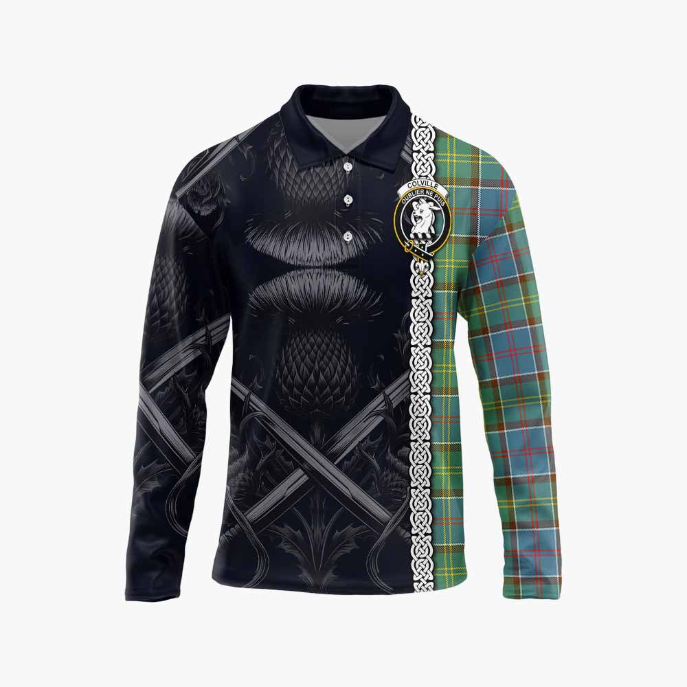 Tartan Vibes Clothing Colville Tartan Long Sleeve Polo Shirt with Family Crest Cross Sword Thistle Celtic Vibes
