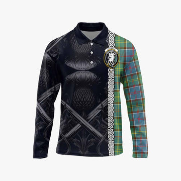 Tartan Vibes Clothing Colville Tartan Long Sleeve Polo Shirt with Family Crest Cross Sword Thistle Celtic Vibes