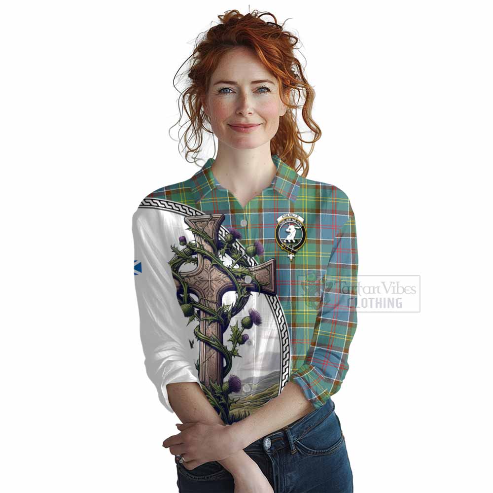 Tartan Vibes Clothing Colville Tartan Women's Casual Shirt with Family Crest and St. Andrew's Cross Accented by Thistle Vines