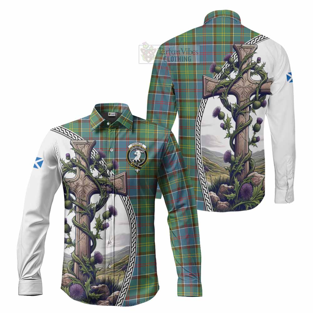 Tartan Vibes Clothing Colville Tartan Long Sleeve Button Shirt with Family Crest and St. Andrew's Cross Accented by Thistle Vines