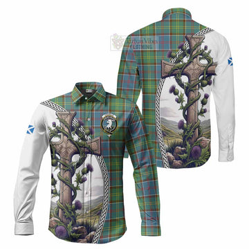 Colville Tartan Long Sleeve Button Shirt with Family Crest and St. Andrew's Cross Accented by Thistle Vines