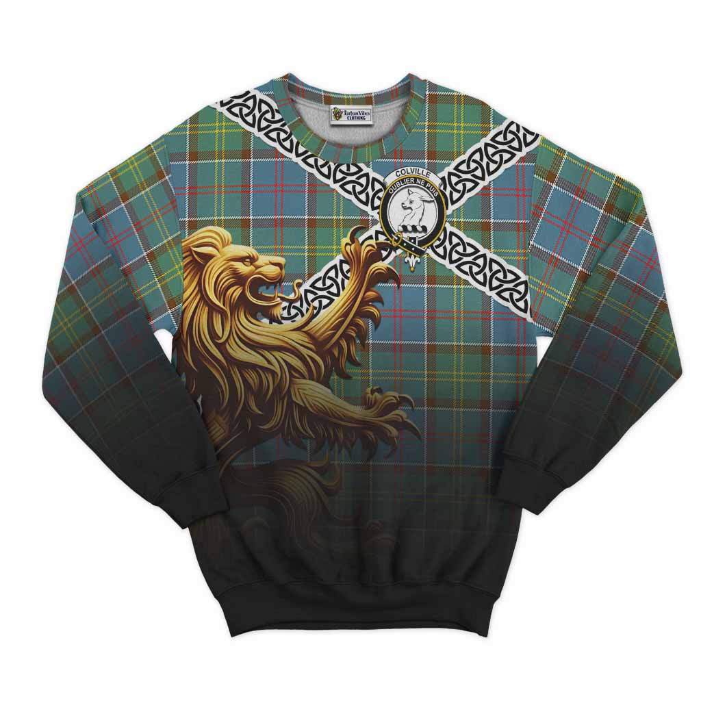 Tartan Vibes Clothing Colville Crest Tartan Sweatshirt with Golden Lion Emblem Celtic Style