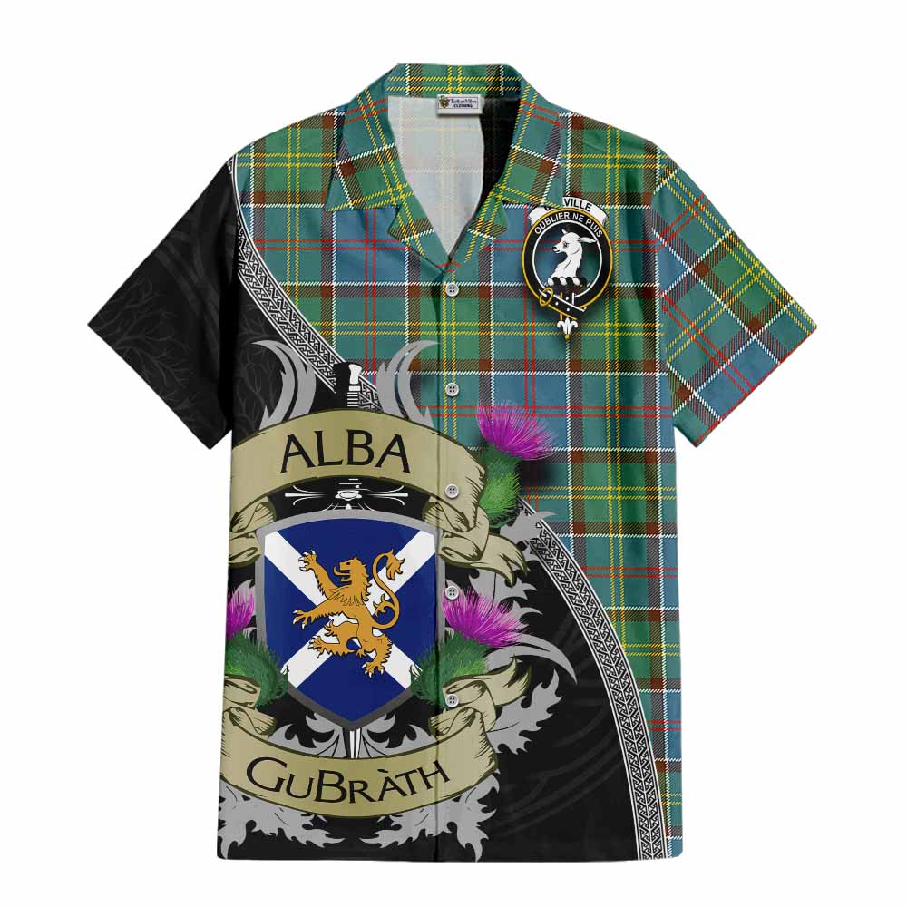 Tartan Vibes Clothing Colville Tartan Family Crest Short Sleeve Button Shirt Lion Rampant Royal Thistle Shield Celtic Inspired