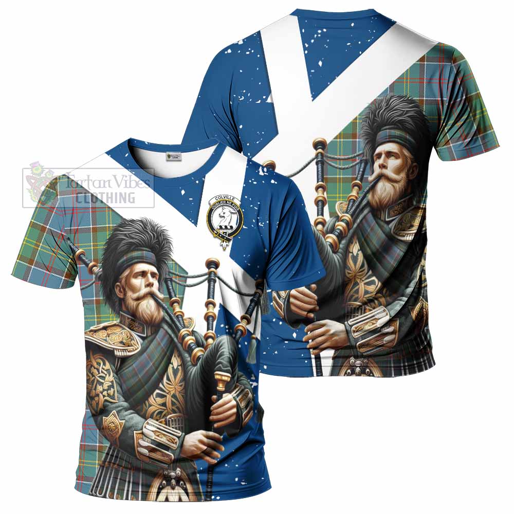 Tartan Vibes Clothing Colville Tartan T-Shirt with Family Crest Scottish Bagpiper Vibes