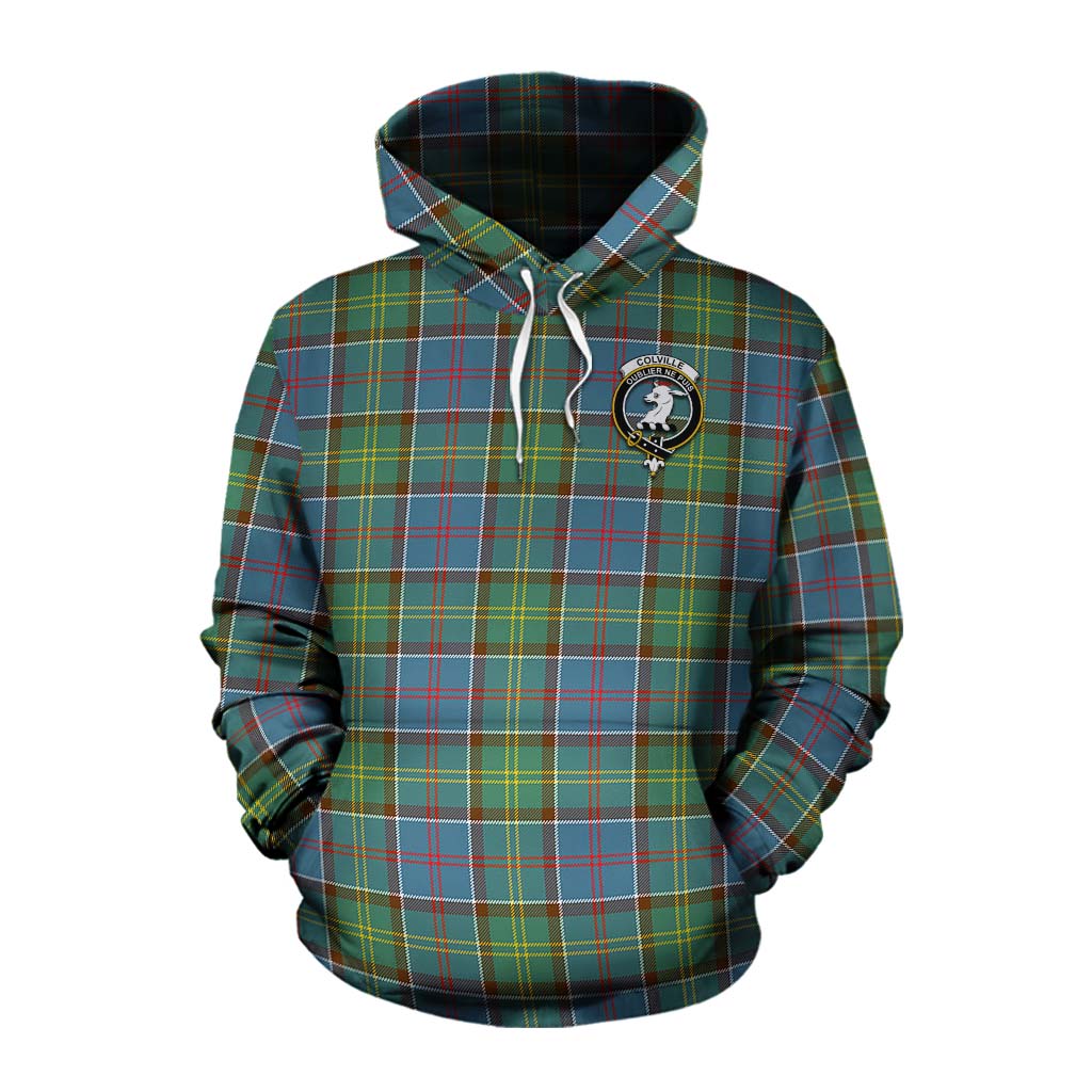 Tartan Vibes Clothing Colville Tartan Cotton Hoodie with Family Crest and Bearded Skull Holding Bottles of Whiskey
