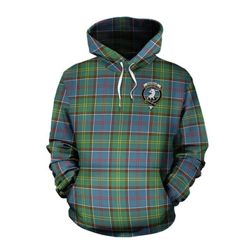 Tartan Vibes Clothing Colville Tartan Cotton Hoodie with Family Crest and Bearded Skull Holding Bottles of Whiskey
