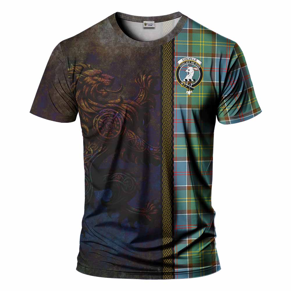 Tartan Vibes Clothing Colville Tartan Family Crest T-Shirt Alba Gu Brath Be Brave Lion Ancient Style