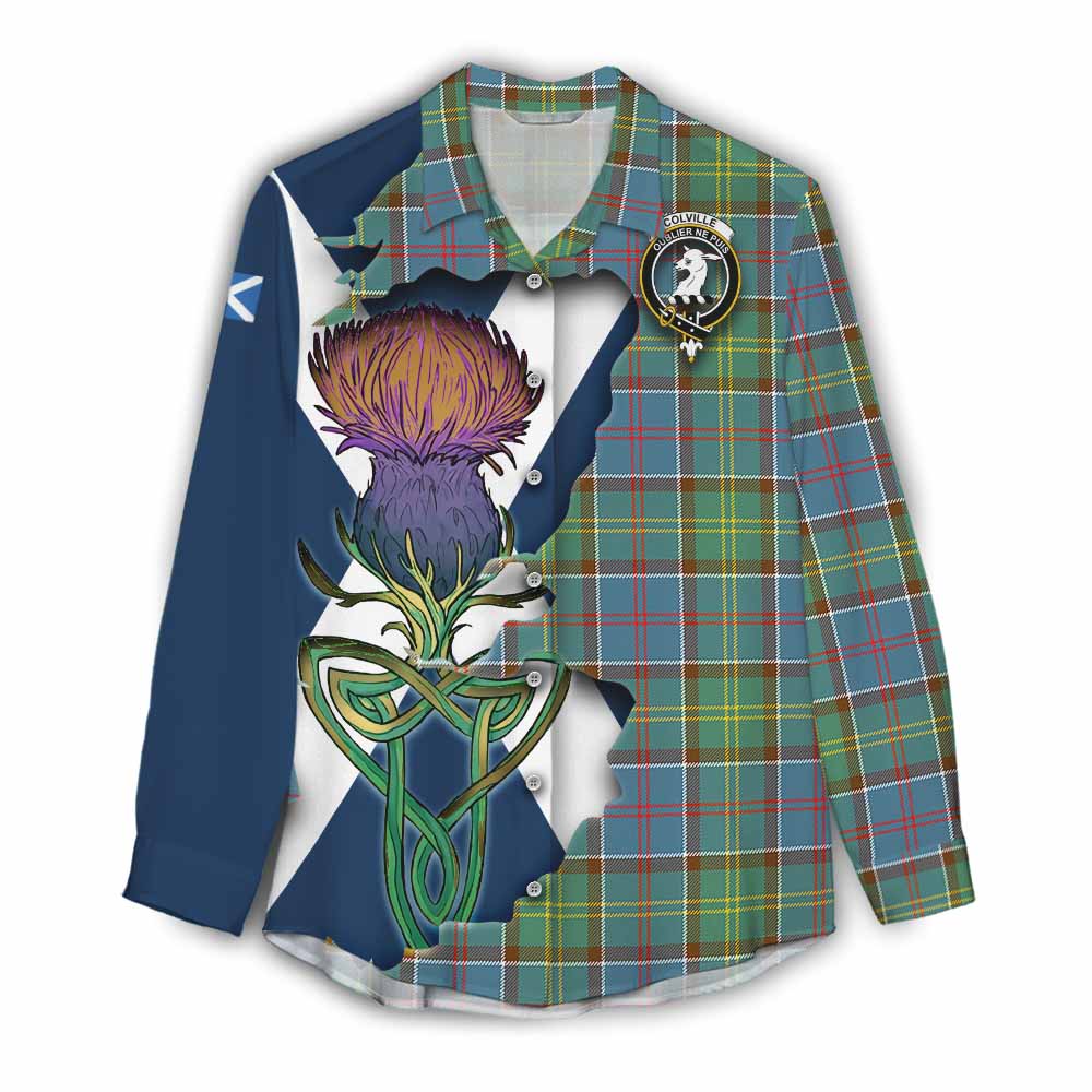 Tartan Vibes Clothing Colville Tartan Family Crest Women's Casual Shirt Scottish Thistle Celtic Inspired