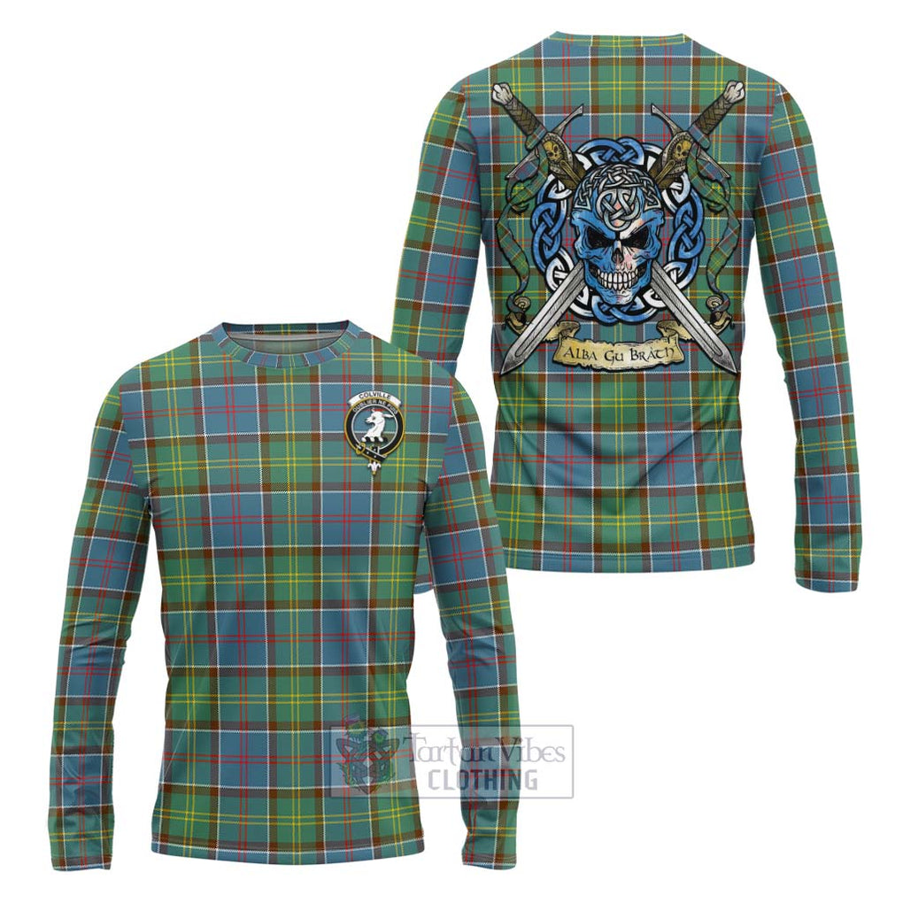 Tartan Vibes Clothing Colville Tartan Long Sleeve T-Shirt with Family Crest Celtic Skull Style