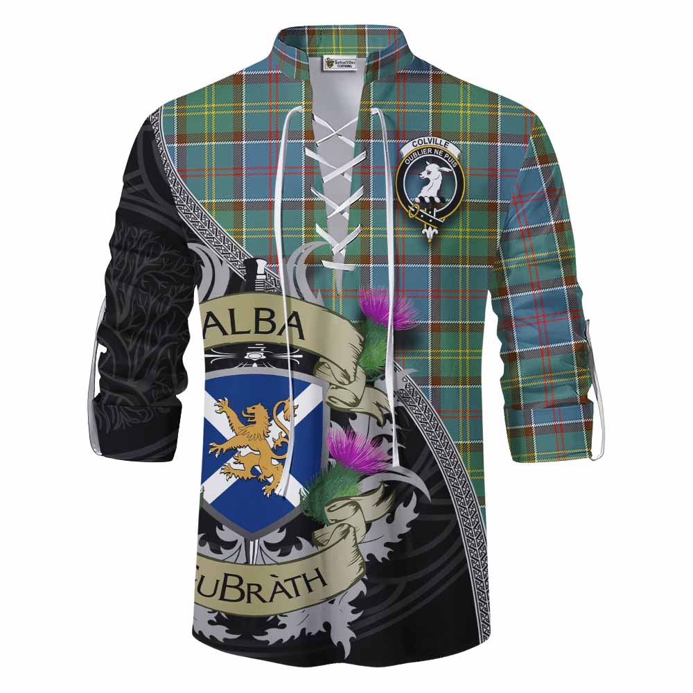 Tartan Vibes Clothing Colville Tartan Family Crest Ghillie Kilt Shirt Lion Rampant Royal Thistle Shield Celtic Inspired