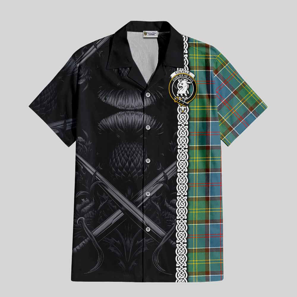 Tartan Vibes Clothing Colville Tartan Short Sleeve Button Shirt with Family Crest Cross Sword Thistle Celtic Vibes