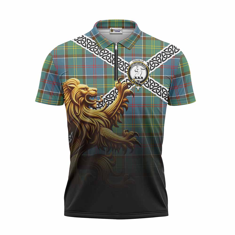 Tartan Vibes Clothing Colville Crest Tartan Zipper Polo Shirt with Golden Lion Emblem Celtic Style