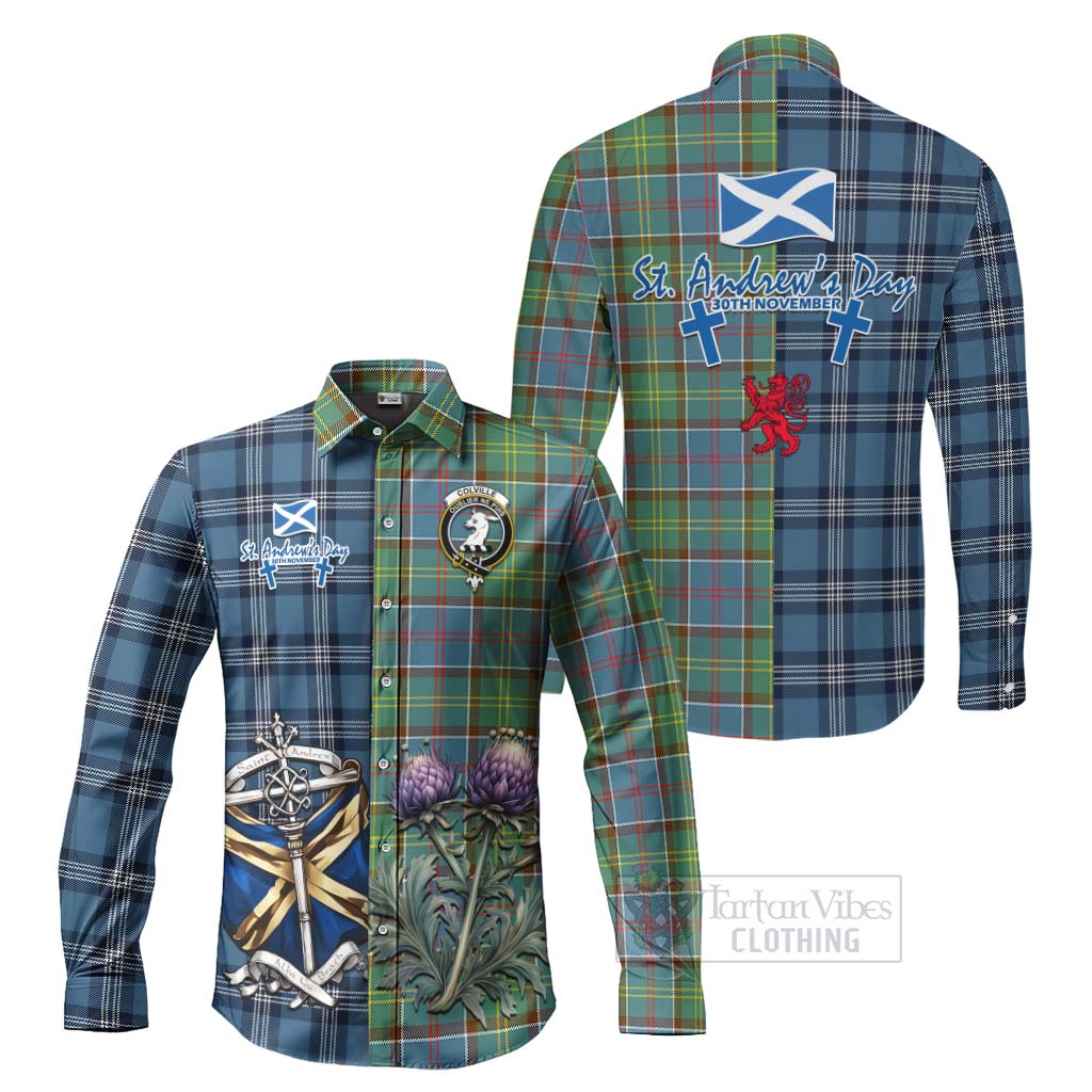 Tartan Vibes Clothing Colville Tartan Long Sleeve Button Shirt Happy St. Andrew's Day Half Tartan Style
