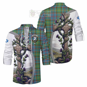 Tartan Vibes Clothing Colville Tartan Ghillie Kilt Shirt with Family Crest and St. Andrew's Cross Accented by Thistle Vines