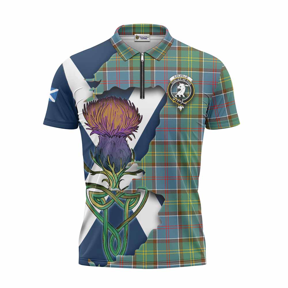 Tartan Vibes Clothing Colville Tartan Family Crest Zipper Polo Shirt Scottish Thistle Celtic Inspired