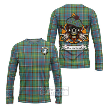 Tartan Vibes Clothing Colville Tartan Long Sleeve T-Shirt with Family Crest and Bearded Skull Holding Bottles of Whiskey
