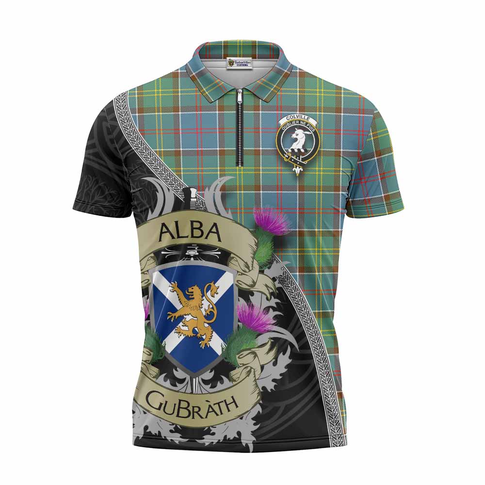Tartan Vibes Clothing Colville Tartan Family Crest Zipper Polo Shirt Lion Rampant Royal Thistle Shield Celtic Inspired